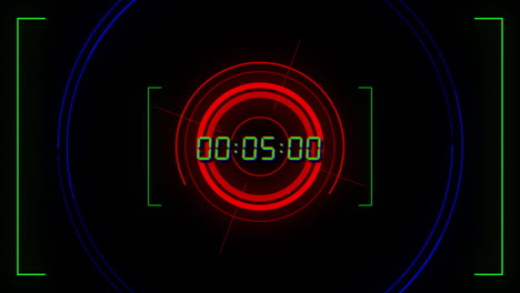 Animation of green digital timer changing with red circles on black background