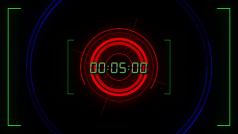 animation of green digital timer changing with red circles on black background