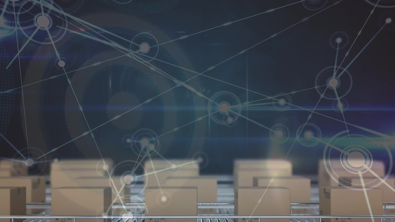 Animazione di rete di connessioni su scatole su nastro trasportatore