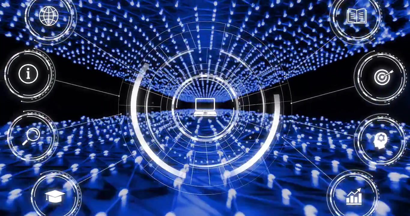 Animation of network of digital computer icon over blue glowing network on dark background