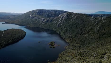 Aerial-view-of-calm-dove-lake-with-hills-surrounding-it