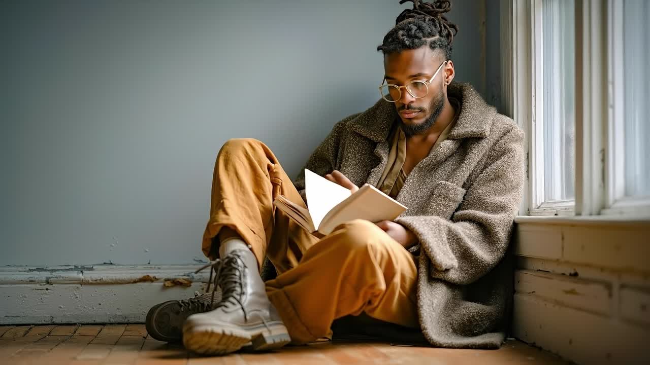 un hombre sentado en el suelo leyendo un libro