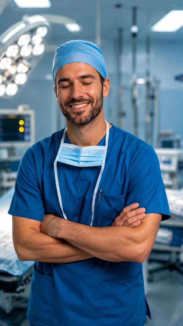 Cirujano masculino seguro de sí mismo con uniforme azul y gorro quirúrgico posa en un quirófano moderno, sonriendo a la cámara con equipo médico y quirúrgico difuminado.