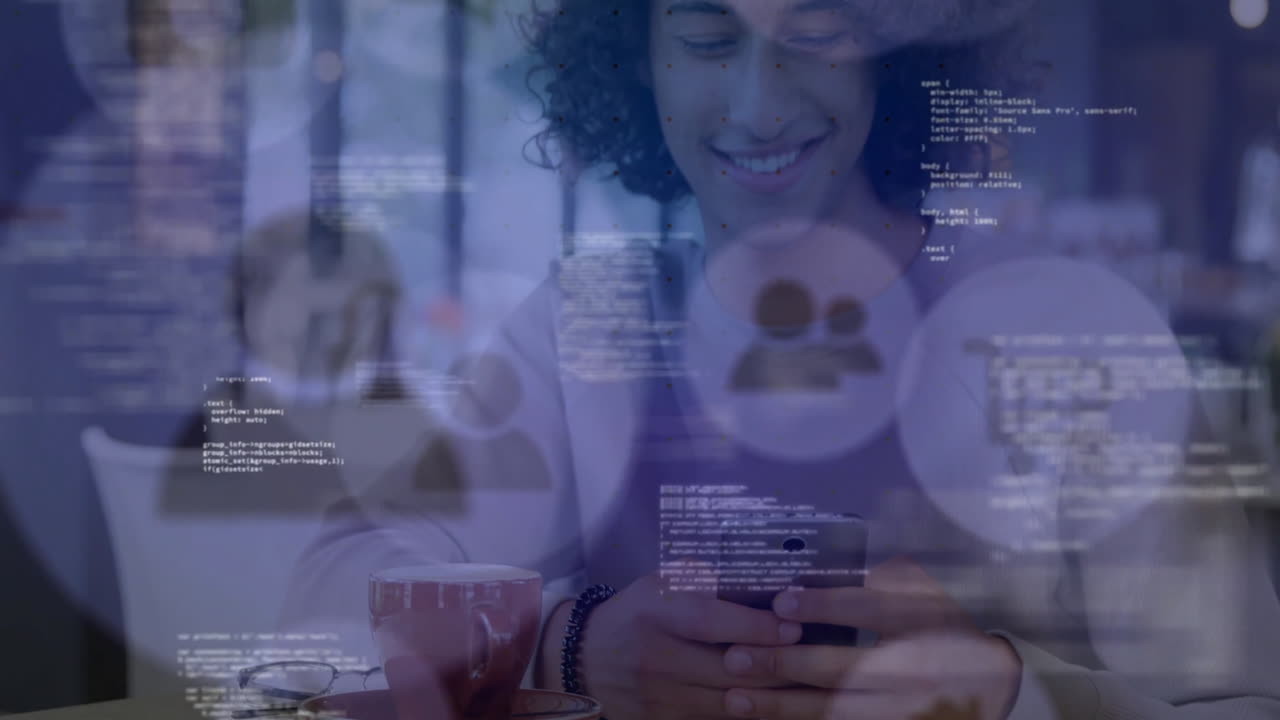 animación de personas iconos y procesamiento de datos financieros sobre hombre biracial usando teléfono inteligente