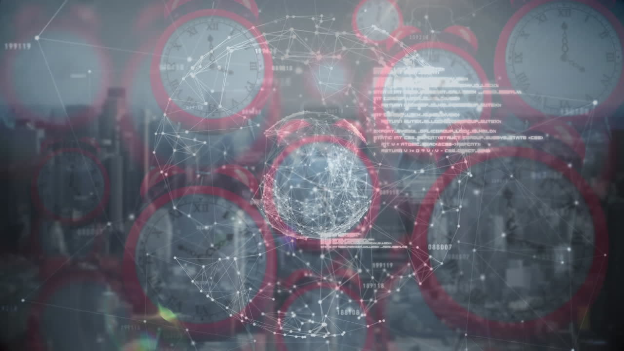 도시 풍경 위의 연결 네트워크와 시계의 애니메이션