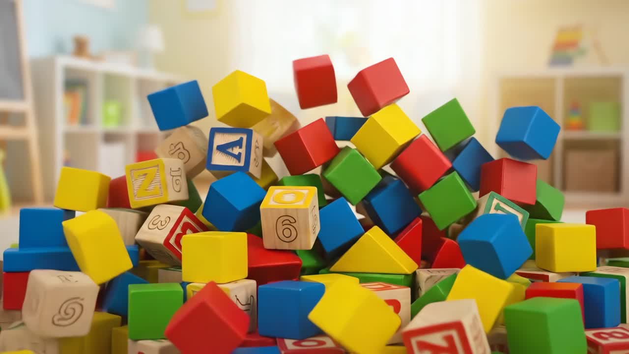 Colorful Building Blocks Falling and Piling Up in a Playroom