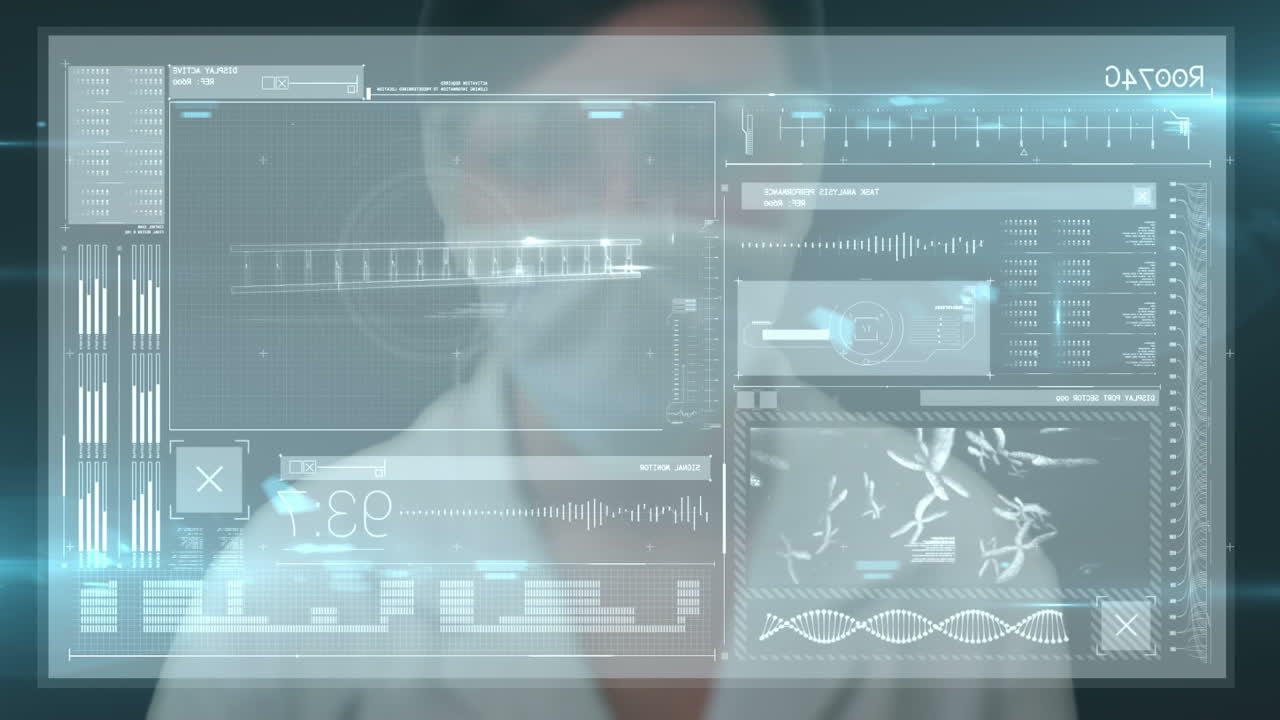 animación de un científico utilizando una interfaz tecnológica