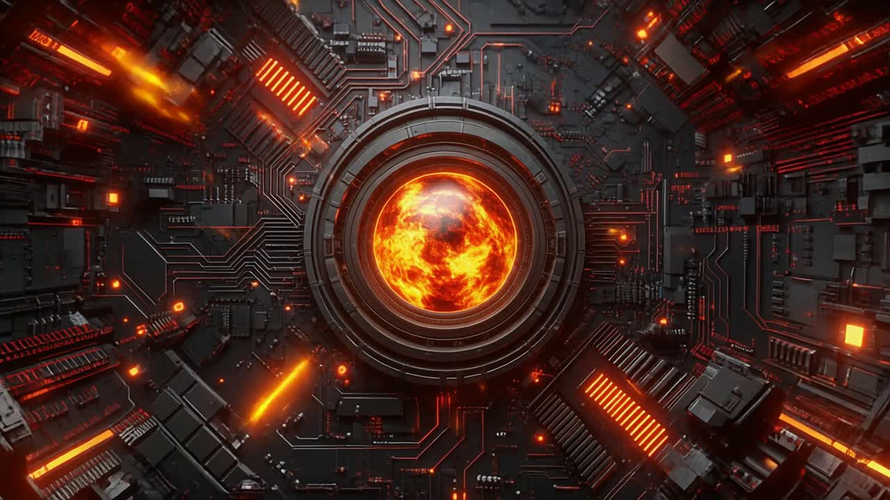 Scheda di circuito futuristica con nucleo energetico luminoso