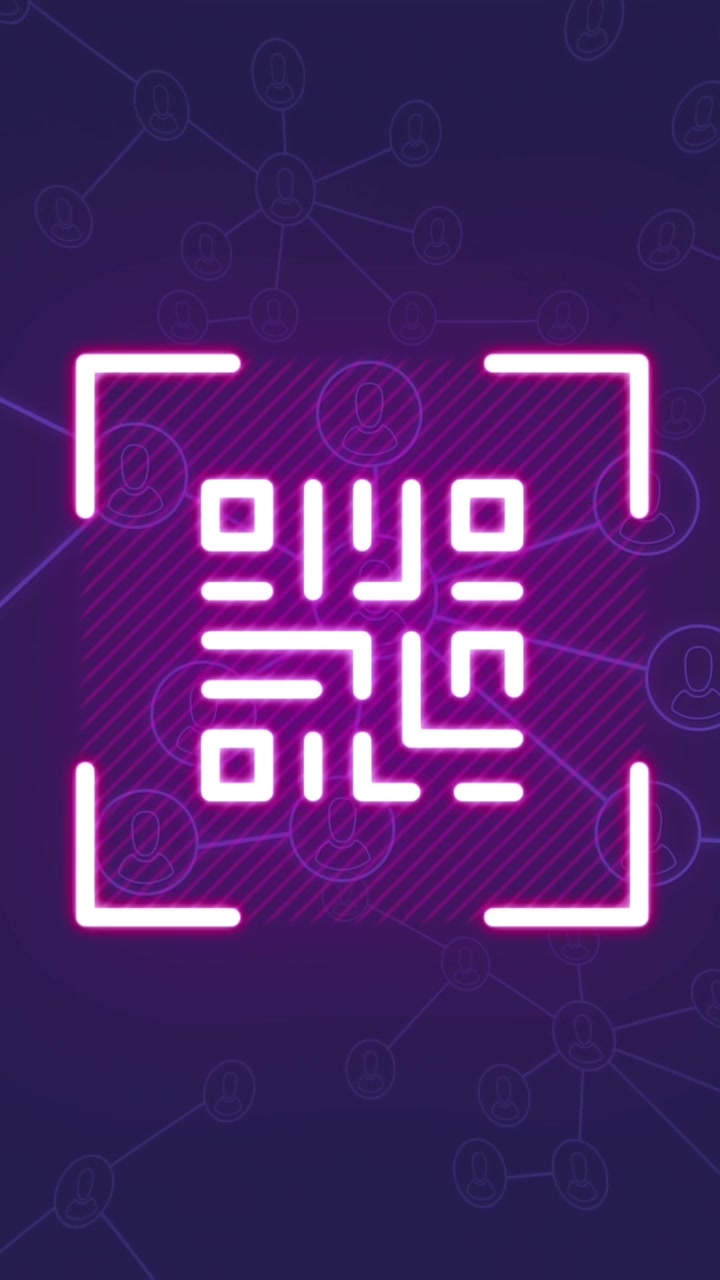 Animation of neon qr code and connections on violet background