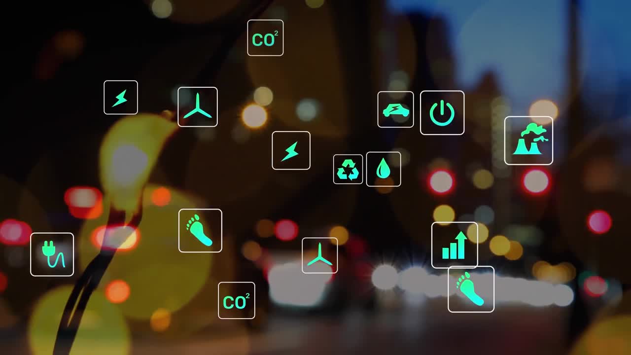 animación de iconos en cuadrados sobre luces de lente contra vehículos en movimiento en la calle de la ciudad.