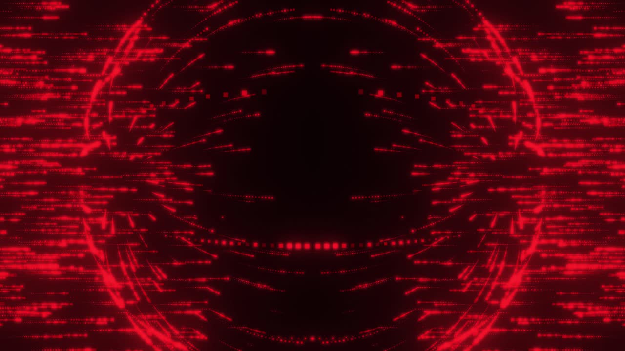 A symmetrical field of red light surrounds a dark central void, forming curved bands and streaks that appear to orbit or spiral inward from both sides of the frame