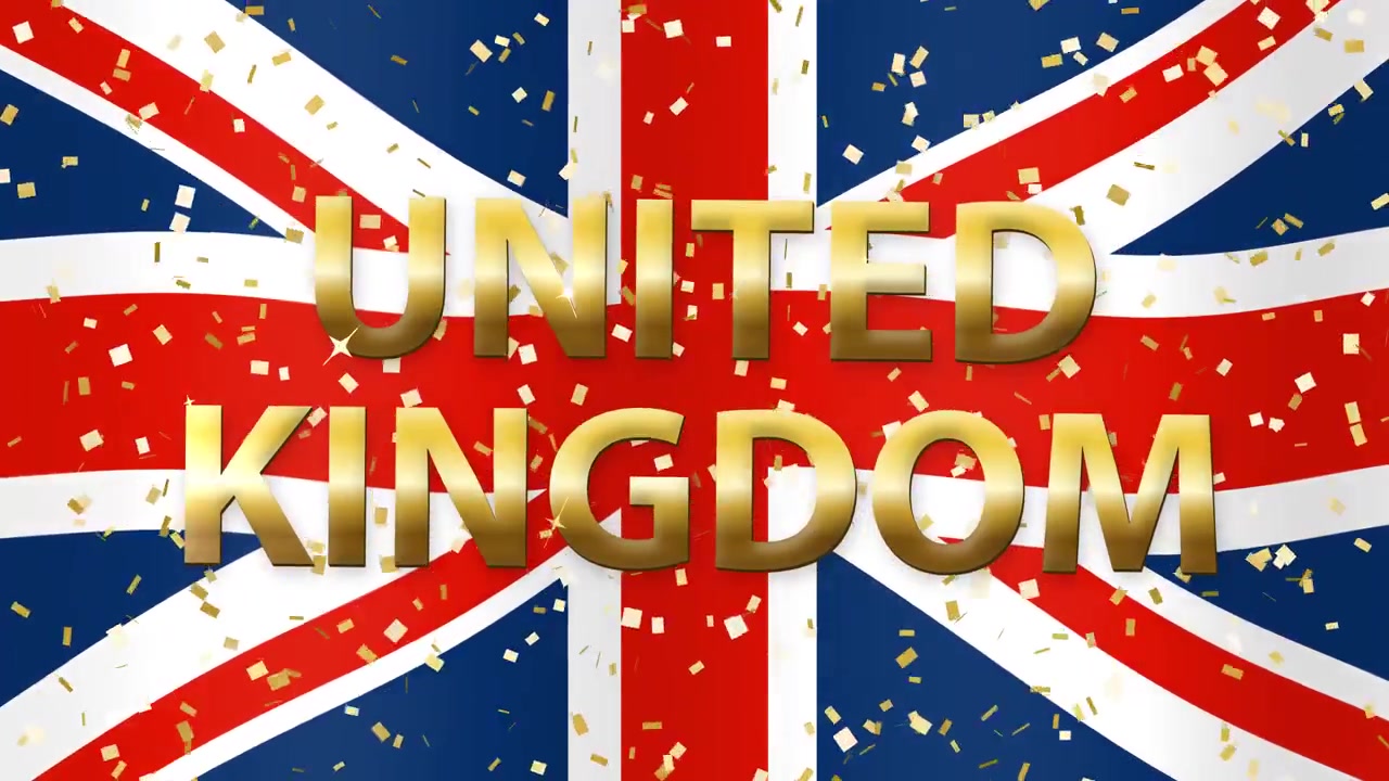 Bandiera Union Jack sventolante con testo 3D dorato 'United Kingdom' e coriandoli glitterati che cadono