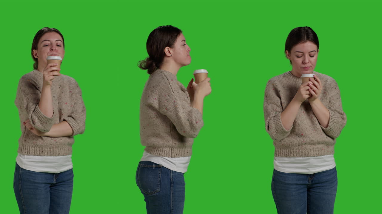 Woman Drinking Coffee on Green Screen