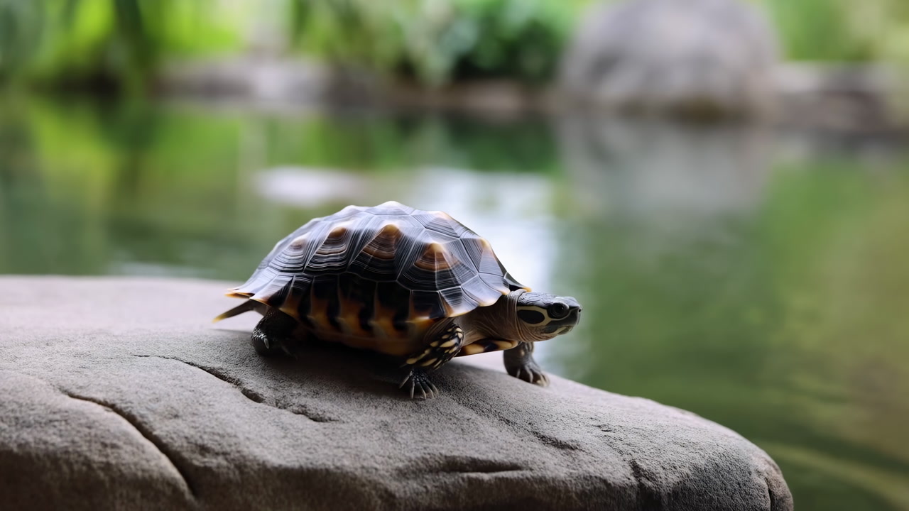 Tortoise Perched On Rock By Pond, Slowmoving Reptile Basks In Warm Sunlight With Glossy Patterned Shell, Soft