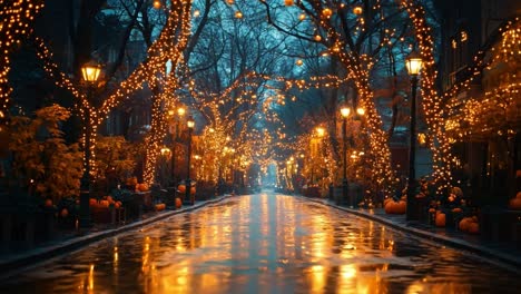 halloween street with pumpkins and lights