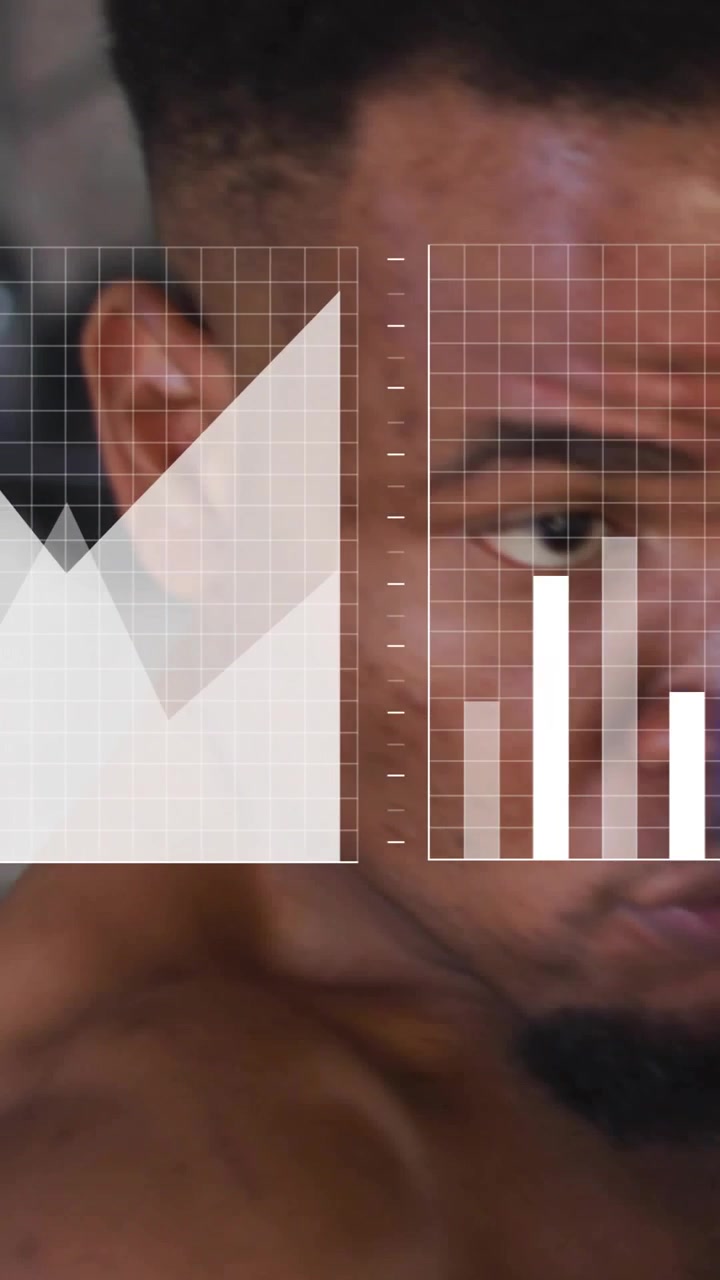 Video verticale: Pugile con fasce blu che si allena, con lo sguardo che si sposta e sferra jab, mentre grafici crescono sulla scena.