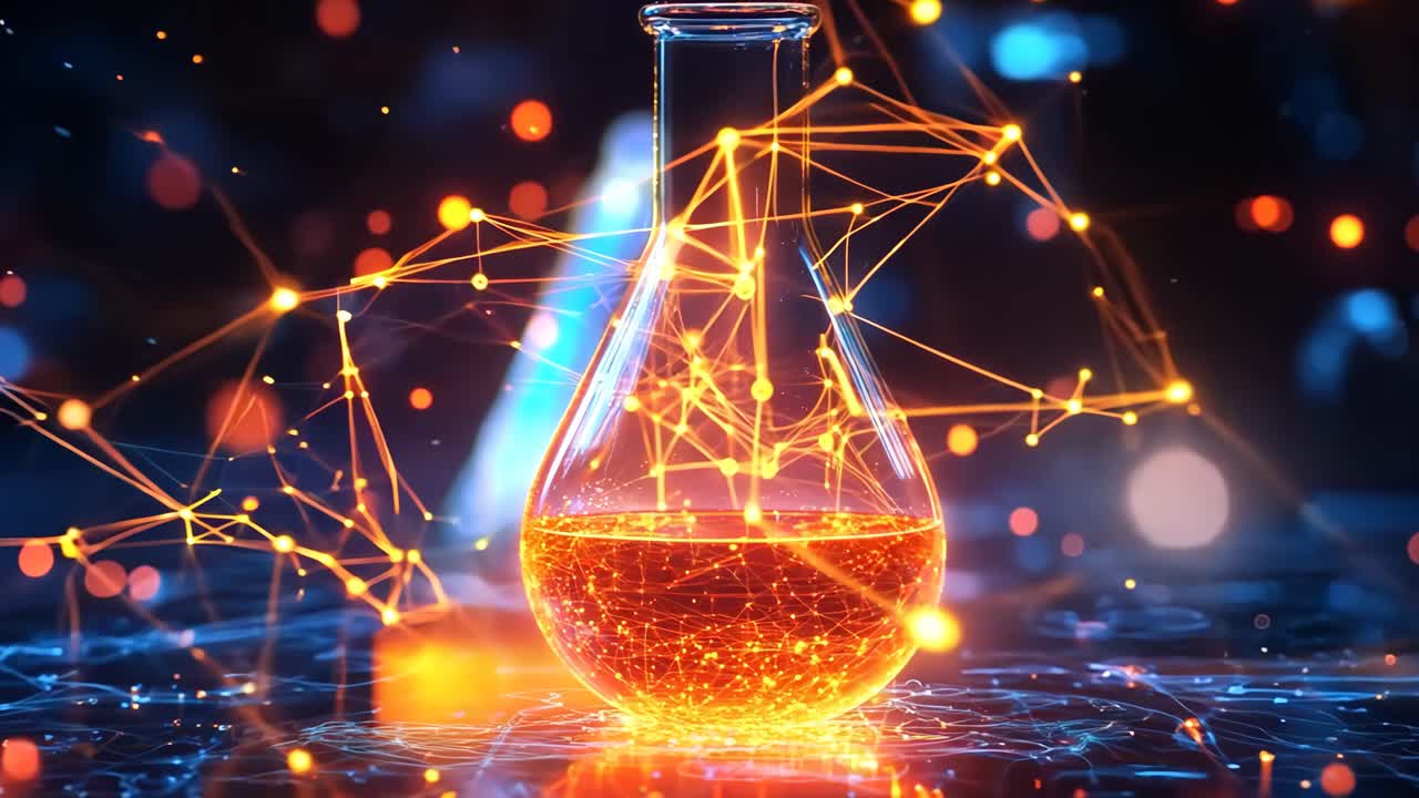 A glass vase with a glowing liquid inside. The liquid is orange and the vase is clear. The image has a futuristic and mysterious vibe