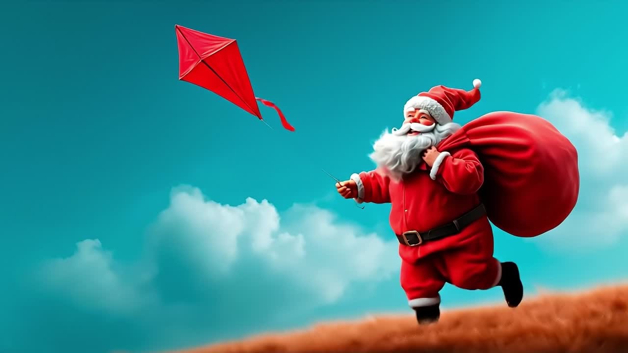 A santa claus flying a red kite on top of a hill
