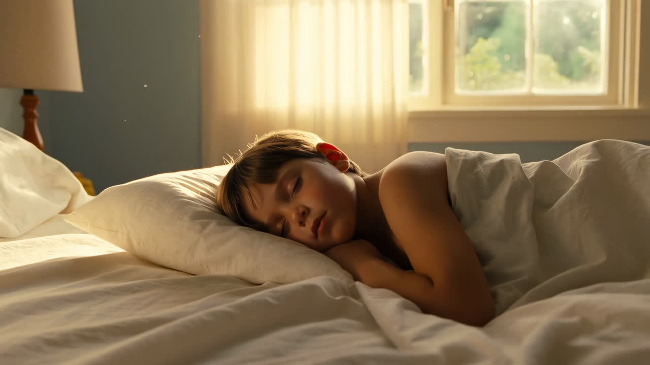 침대에서 자고 있는 소년