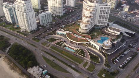 Enjoy-Punta-del-Este-Resort-and-Casino-at-sunset,-Playa-Mansa,-Maldonado-in-Uruguay