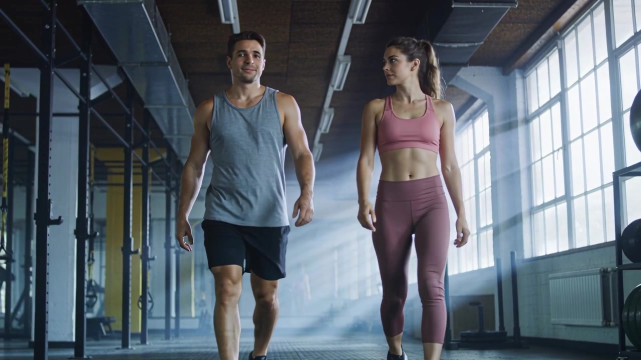 Fittes Paar in Sportkleidung nähert sich der Kamera im Fitnessstudio, geht zu Trainingsstationen vorbei an Geräten und Hantelscheiben.