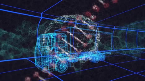 Animation-of-dna-strand-and-human-brain-over-3d-drawing-model-of-lorry-and-grid