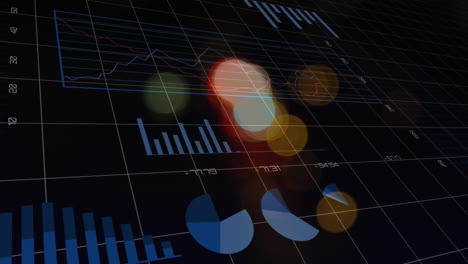 animation of statistical data processing against colorful spots of light on black background