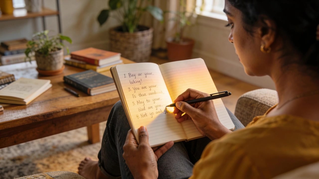 Writing woman at home wearing mustard continuing mid-list in notebook on lap, using pen, copy space