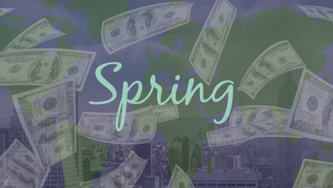 animación de una pancarta de texto de primavera sobre billetes de dólares estadounidenses que caen contra la vista aérea del paisaje urbano