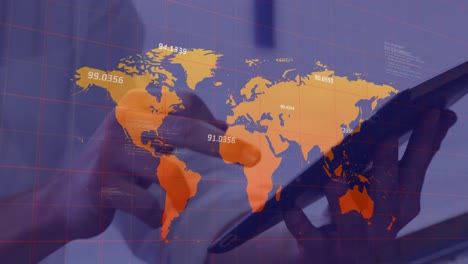 multiple numbers floating over world map against mid section of person using digital tablet