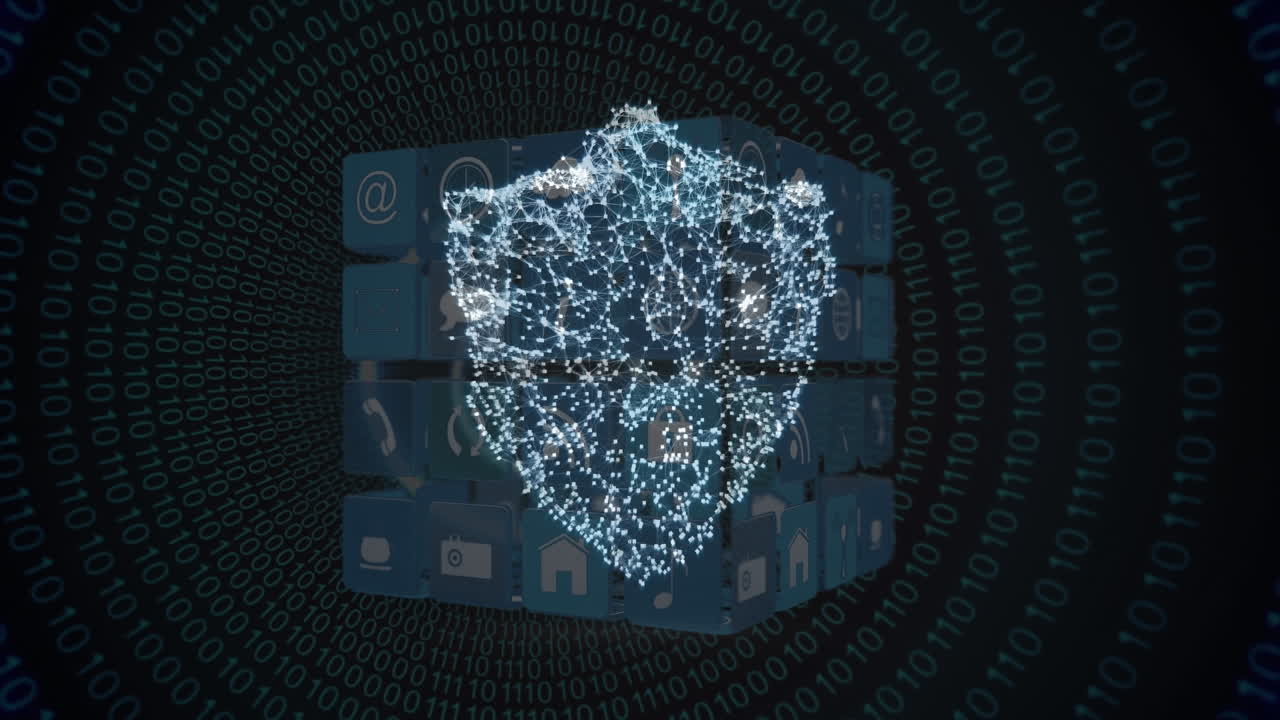 animación de un escudo digital sobre fondo negro con un cubo hecho de iconos y círculos pulsantes