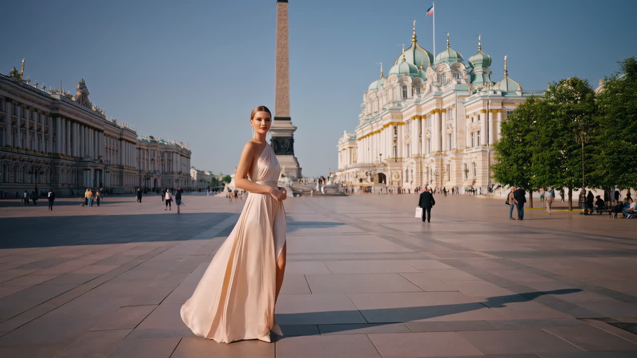 Elegant woman in a long dress posing in a grand historic city square