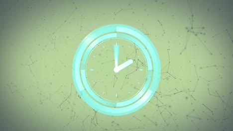 animación de reloj moviéndose sobre redes de conexiones en fondo verde