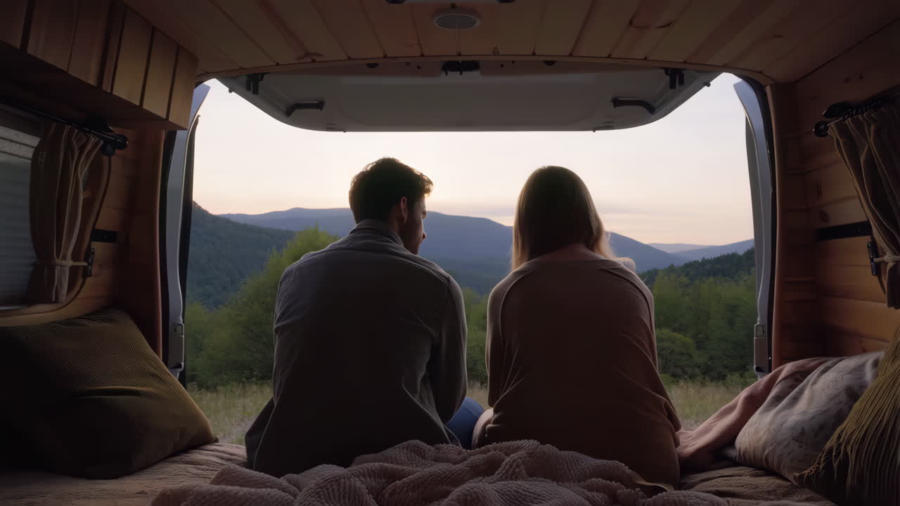 Couple Enjoying Scenic Mountain View from Camper Van