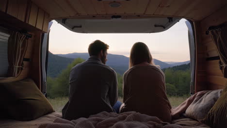 couple enjoying scenic mountain view from camper van