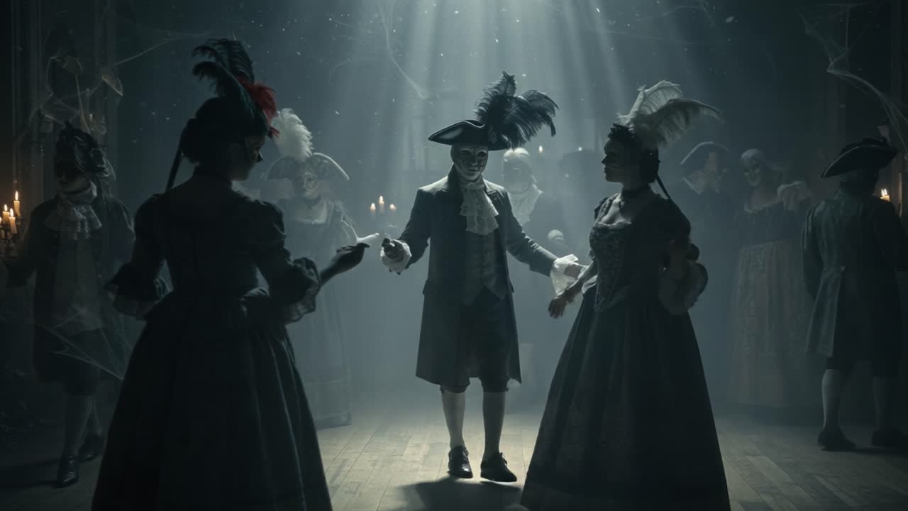 A Mysterious Masquerade: Enigmatic Figures in Elegant Attire Dance Under Ethereal Lighting Surrounded by Shadows and Cobwebs