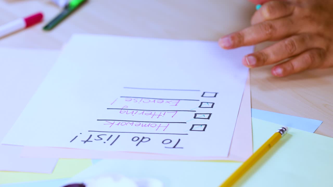 Person marks completed tasks on handwritten checklist at desk, bright lighting, close-up perspective