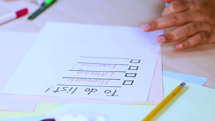 Person marks completed tasks on handwritten checklist at desk, bright lighting, close-up perspective