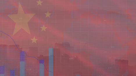 animación de la bandera de china y procesamiento de datos financieros sobre el paisaje urbano