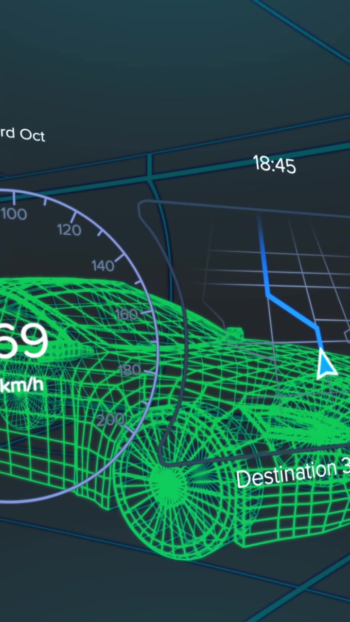 Animazione di modello 3D di auto con interfaccia digitale ed elaborazione dati