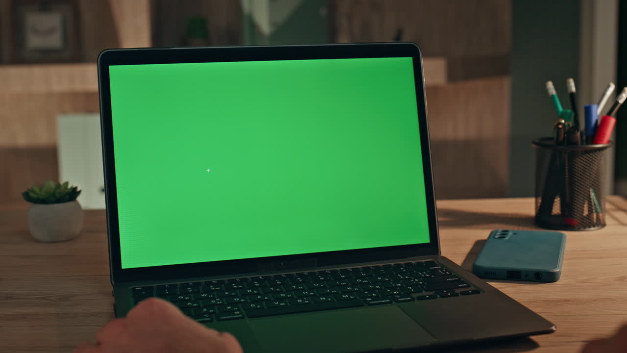 Man hands touching mockup laptop touchpad turning on app at home office close up