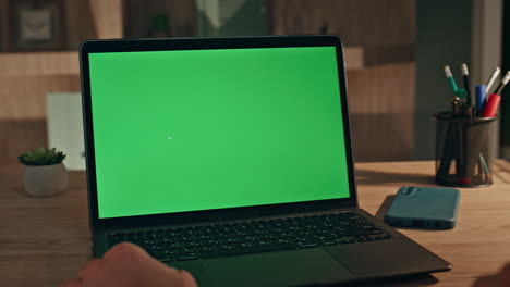 man hands touching mockup laptop touchpad turning on app at home office close up