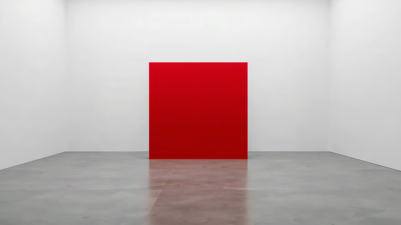 Expanding red square panel responding to frames on gallery wall, filling frame with reflection