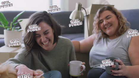 Animation-of-girl-power-text-over-two-woman-drinking-coffee