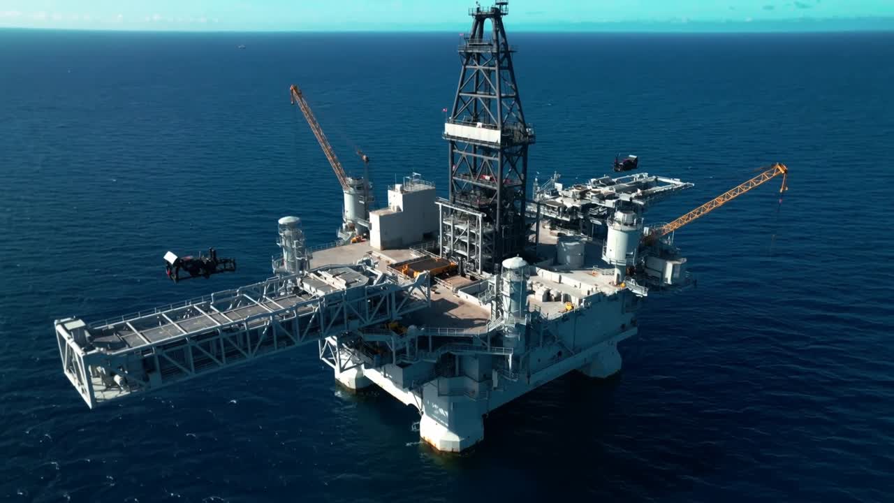 Kredsende drone centrerer semi-submersible platform, mens en helikopter kommer til syne til venstre og lander på helikopterlandingspladsen.
