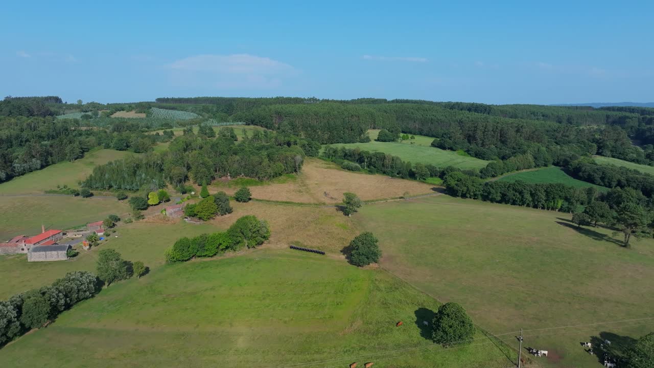 panorama de colinas verdes de prado y bosque cerca del campo de vilasantar, españa