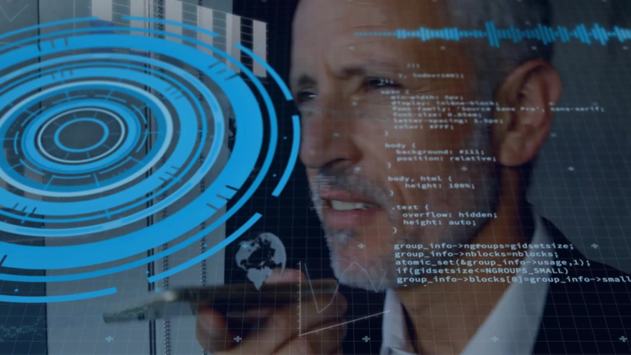 Speaking man in business attire holding smartphone near mouth at office window, with HUD and code