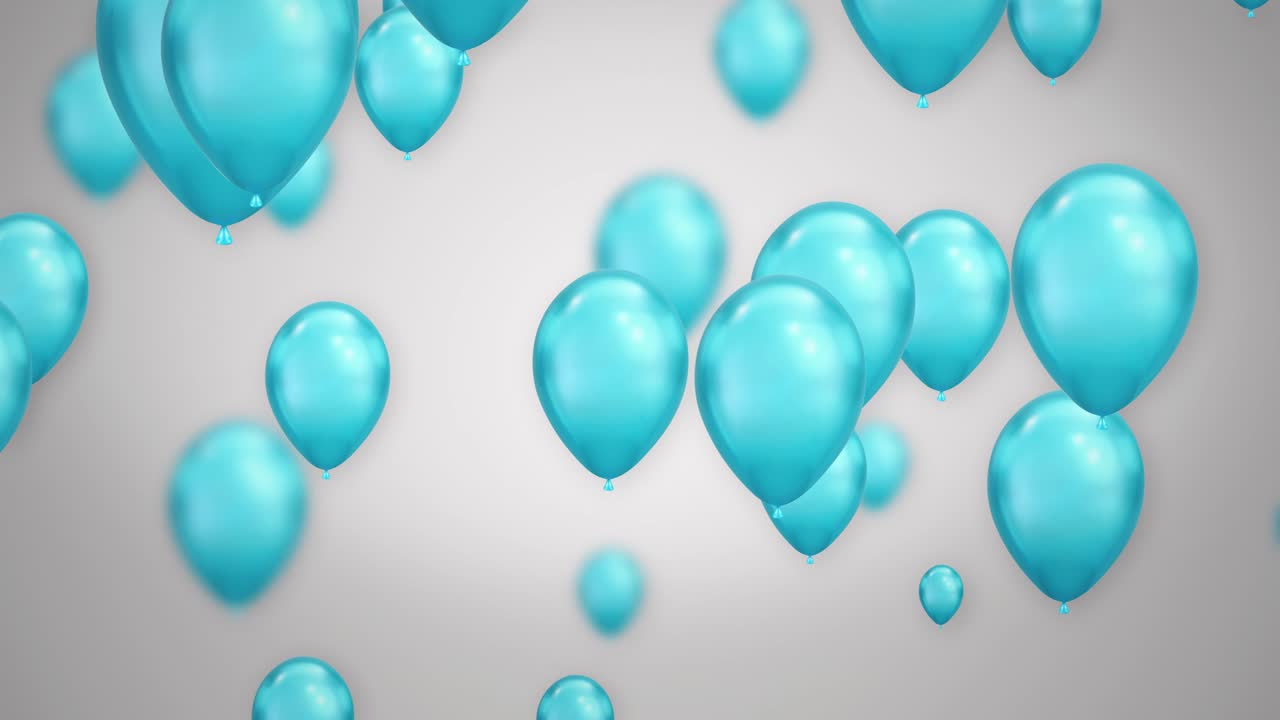Animación 3D de globos azules vibrantes volando con fondo blanco y bucle de canal alfa.