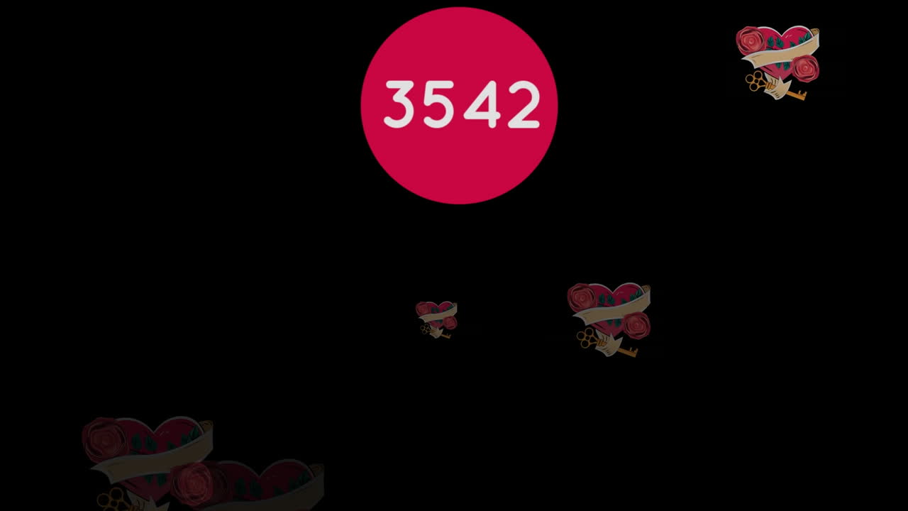 검은색 배경에 떨어지는 여러 개의 심장 아이콘 위의 빨간색 둥근 배너의 숫자가 증가합니다.