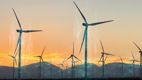 sunset eolic wind farm with renewable energy visualisation - animated vfx overlay